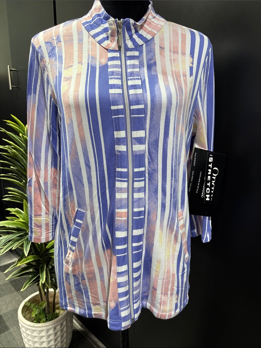 Onque Casual Stretch Full Zip pockets,3/4 sleeve jacket/top,vertical stripe